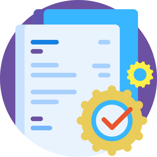 Purple circle with page in the middle, yellow cog on the right, with red tick inside 